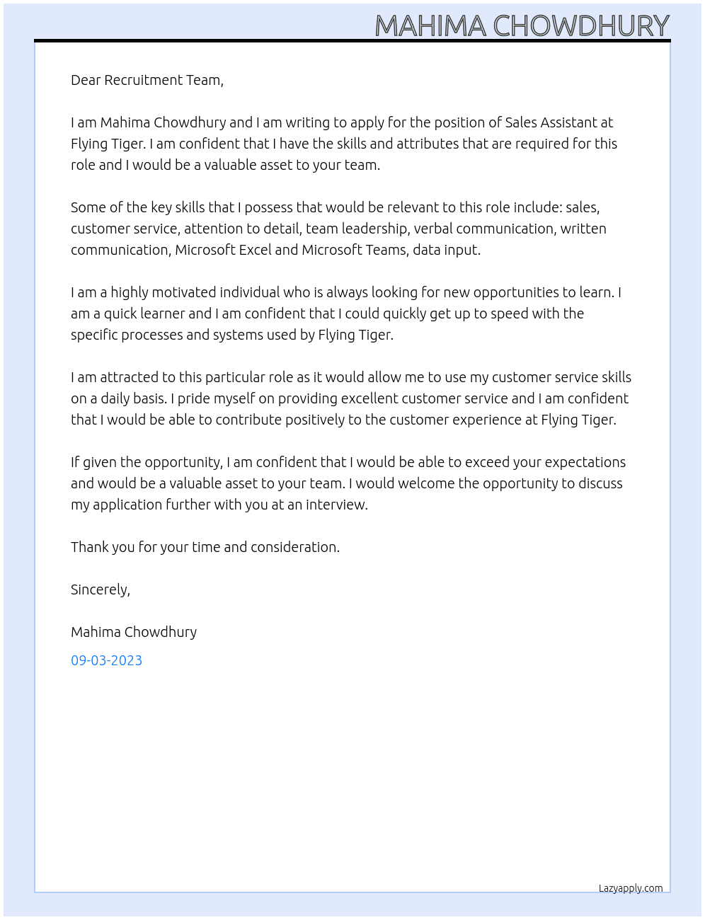 Sales Assistant  At Flying Tiger  Cover Letter