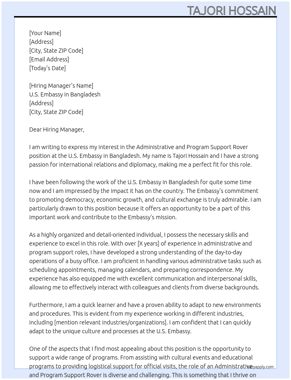 Administrative and Program Support Rover  At U.S. EMBASSY IN BANGLADESH Cover Letter