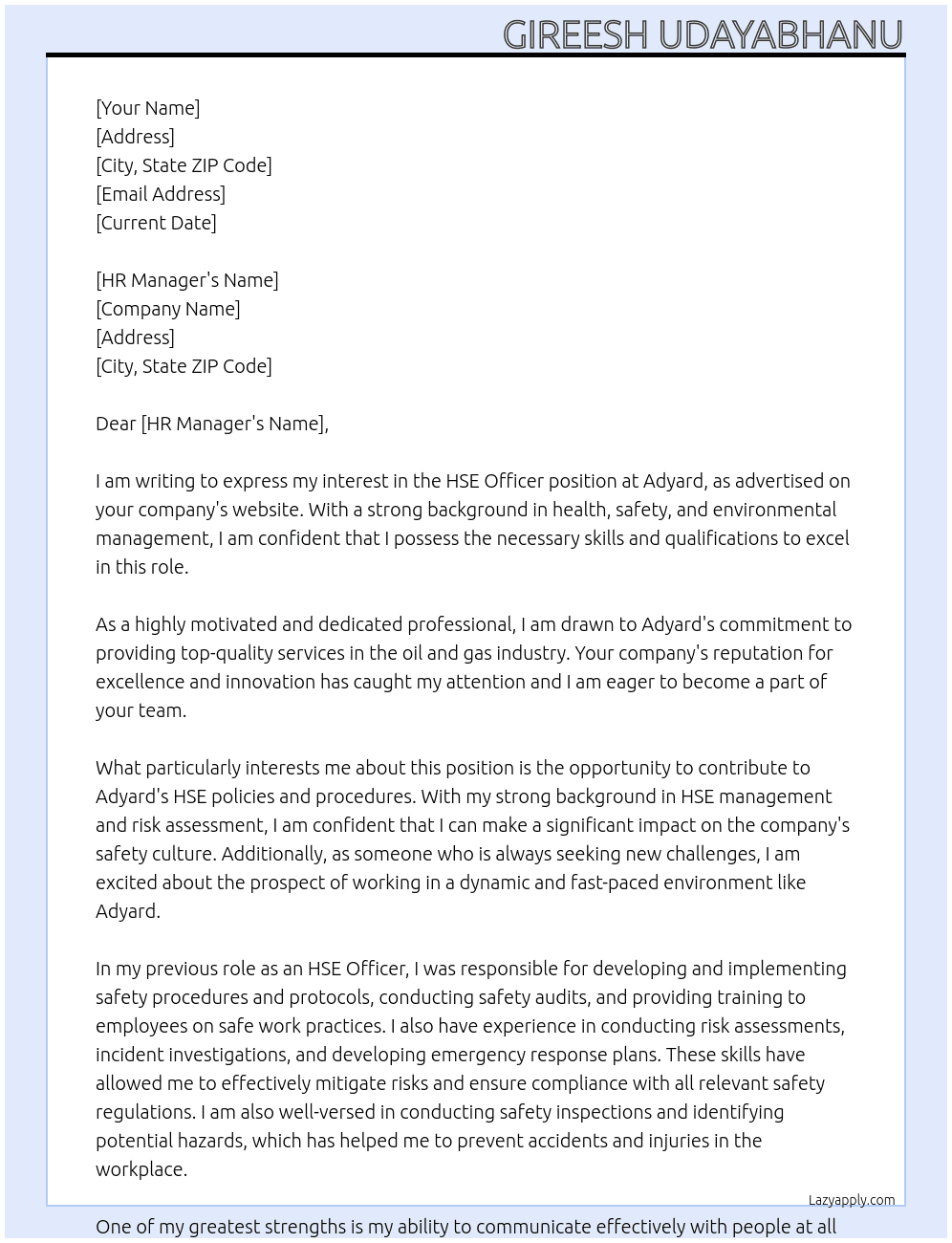 HSE Officer  At Adyard  Cover Letter