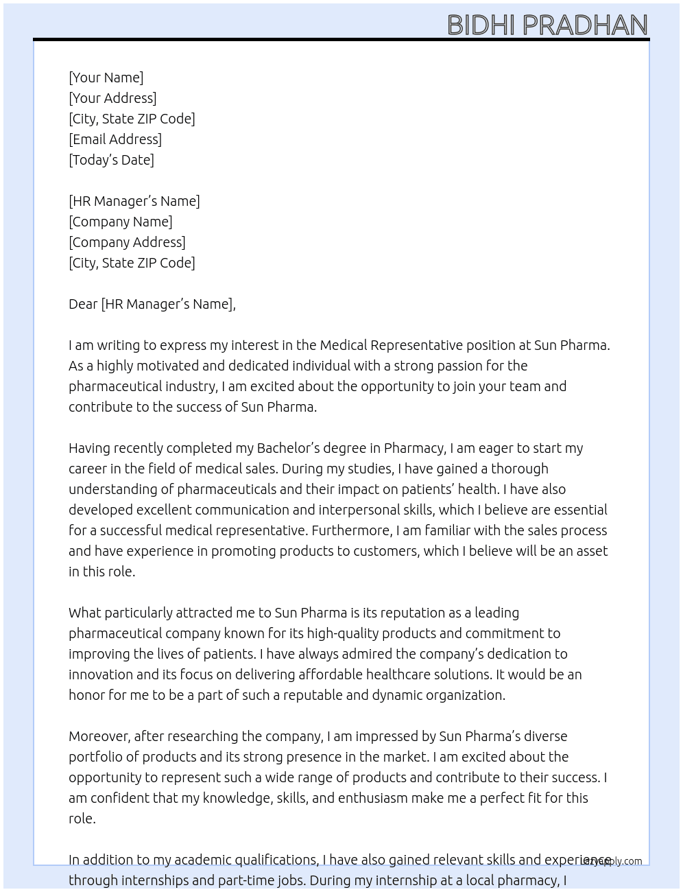 Medical representative  At Sun pharma  Cover Letter