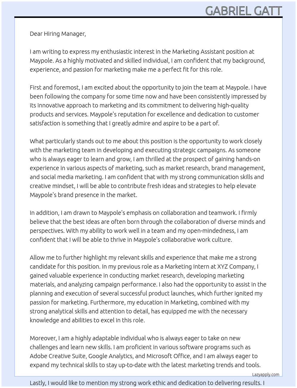 Marketing Assistant At Maypole Cover Letter