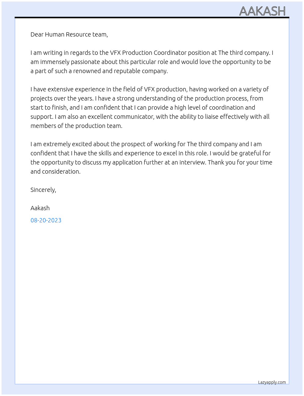 VFX PRODUCTION COORDINATOR  At The third company  Cover Letter