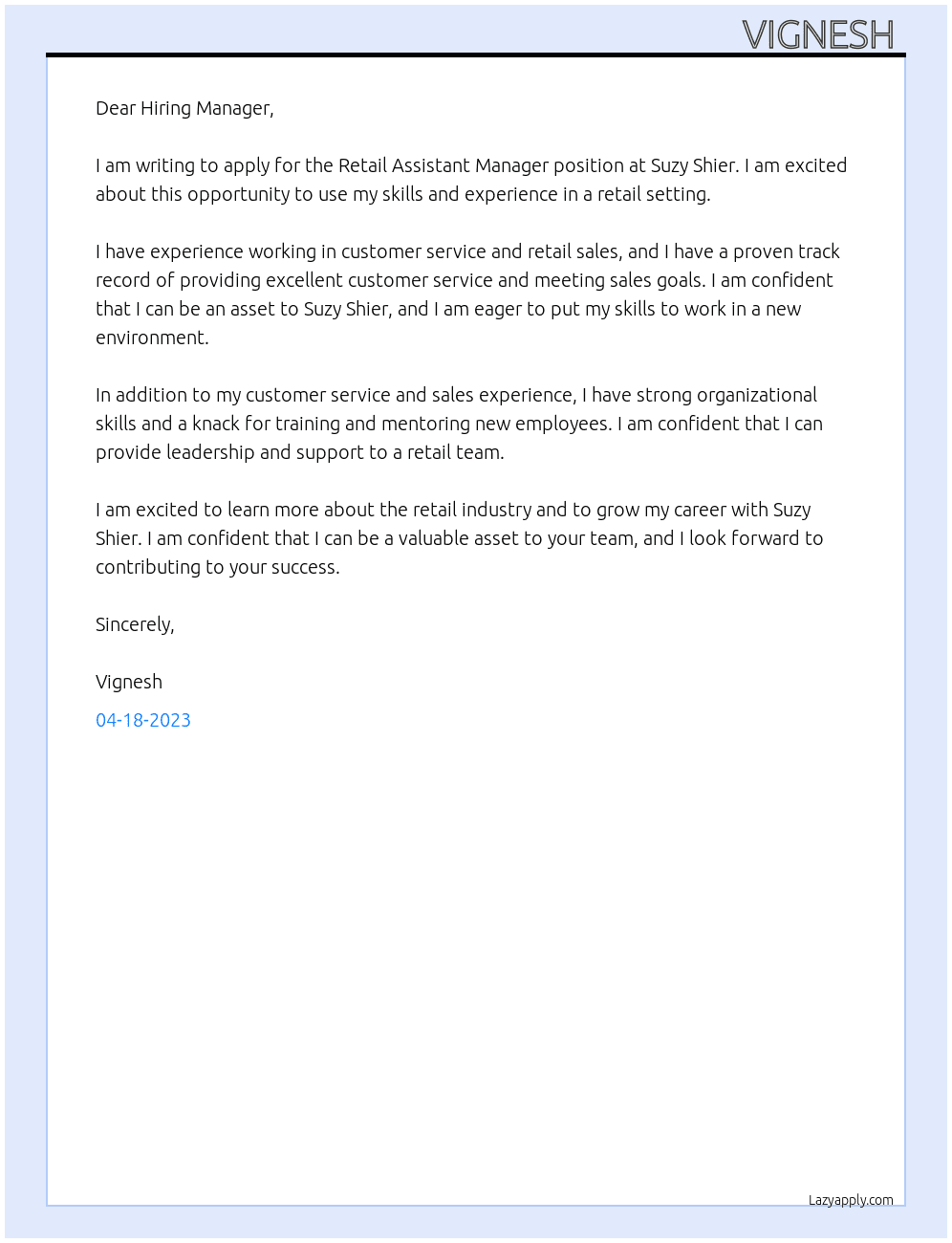 Retail Assistant Manager At Suzy Shier  Cover Letter
