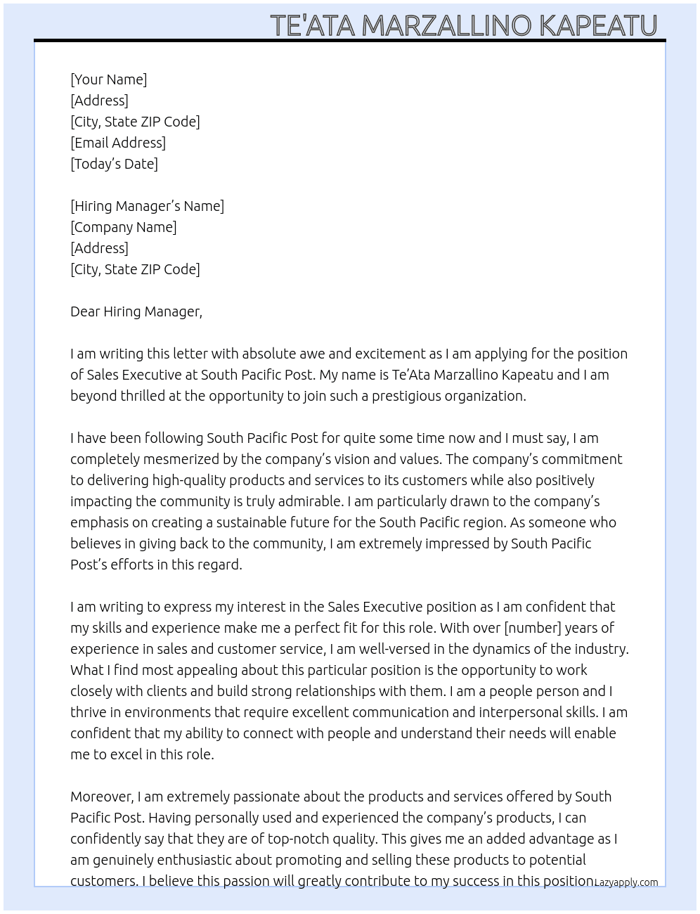 Sales Executive  At South Pacific Post  Cover Letter