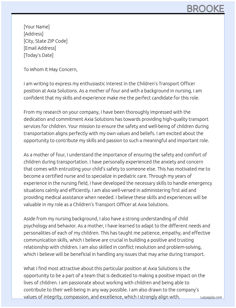 Children’s transport  officer At Axia solutions  Cover Letter