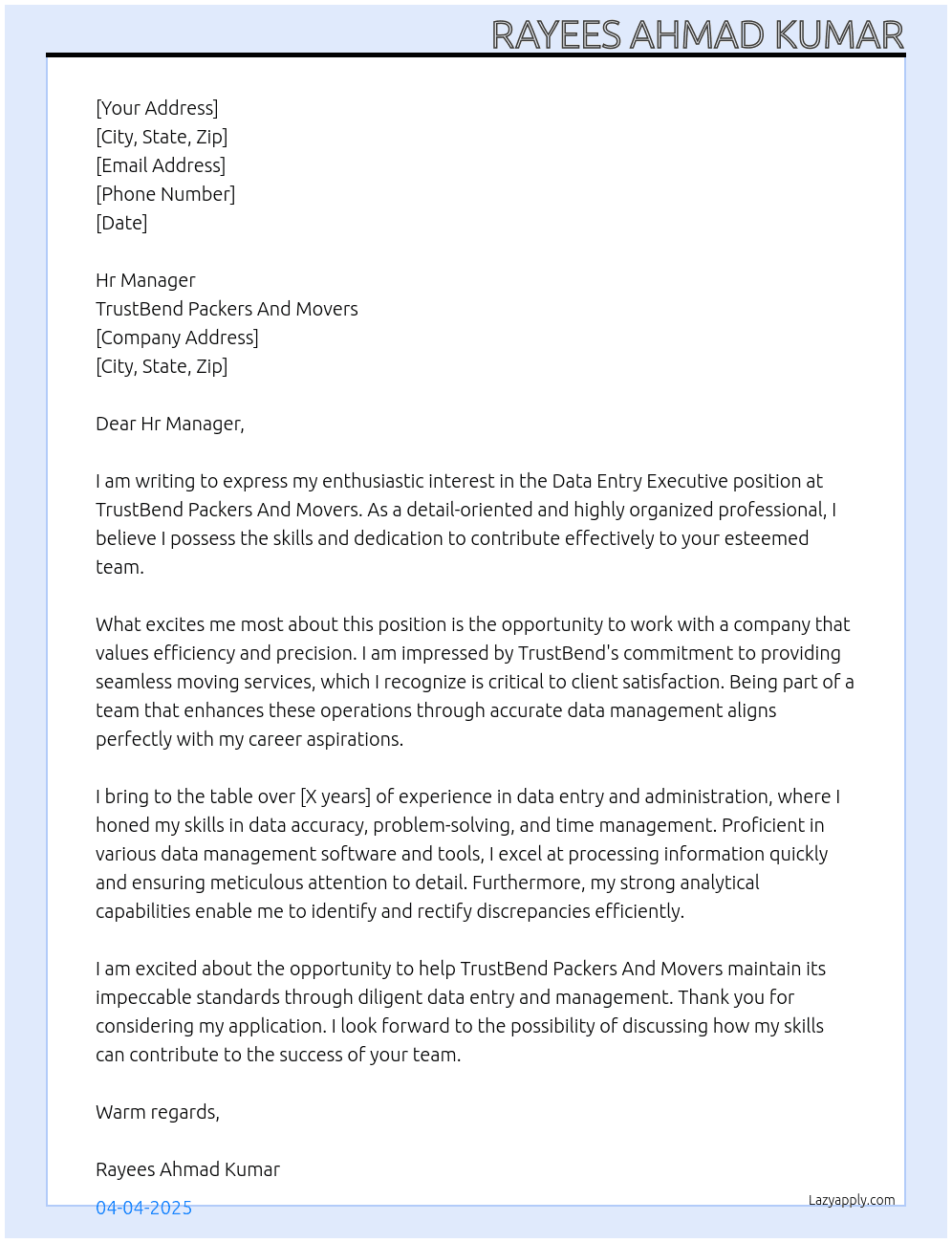 Cover letter for data entry executive - LazyApply