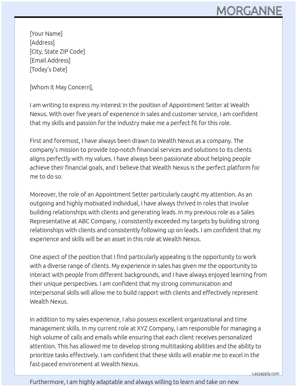 Appointment swtter At Wealth Nexus Cover Letter