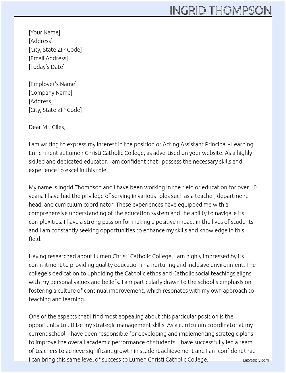 Acting Assistant Principal - Learning Enrichment At Lumen Christi Catholic College Cover Letter