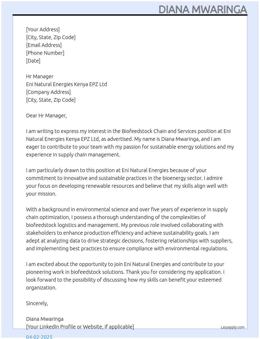 Cover letter for biofeedstock chain and services - LazyApply