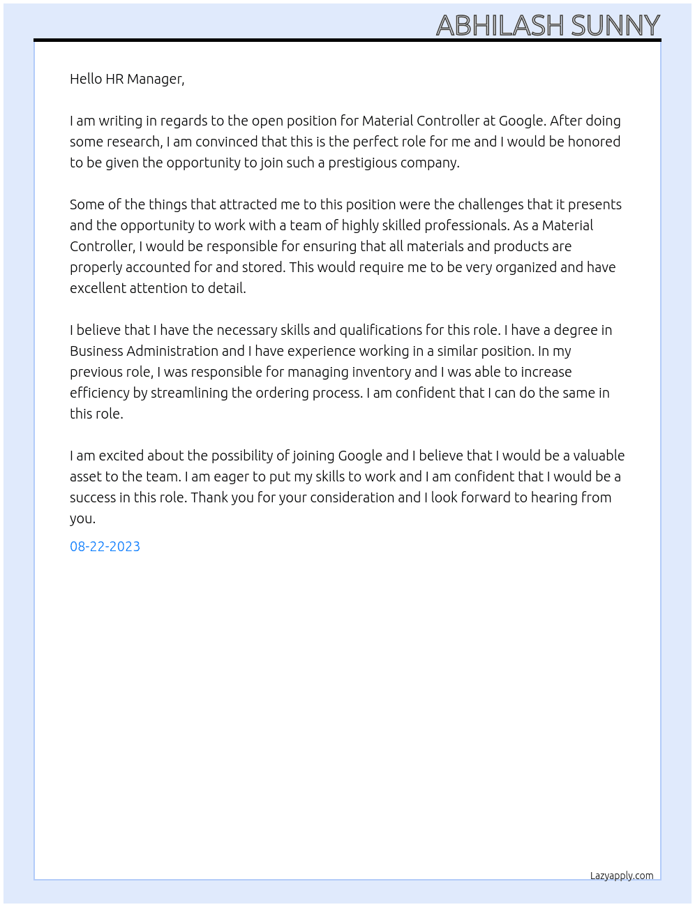 Material Controller At google Cover Letter