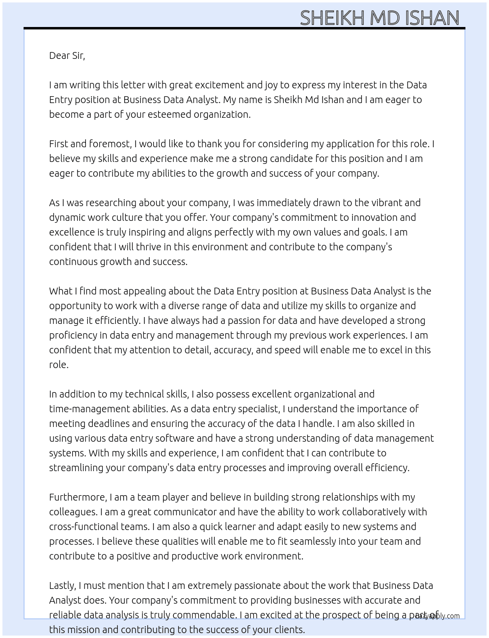 Data entry  At Business Data Analyst  Cover Letter