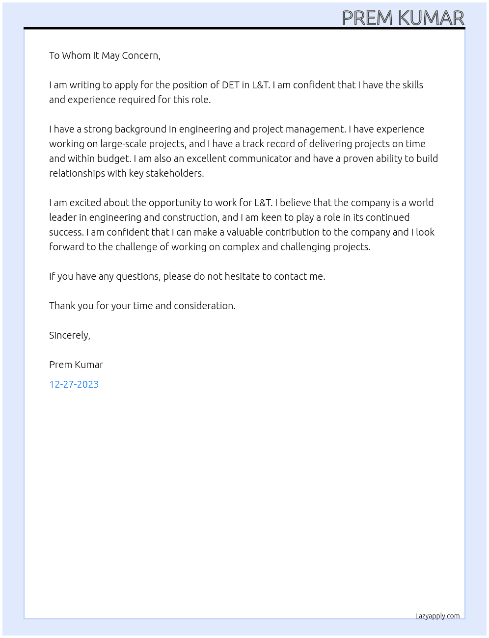 DET At L&T Cover Letter