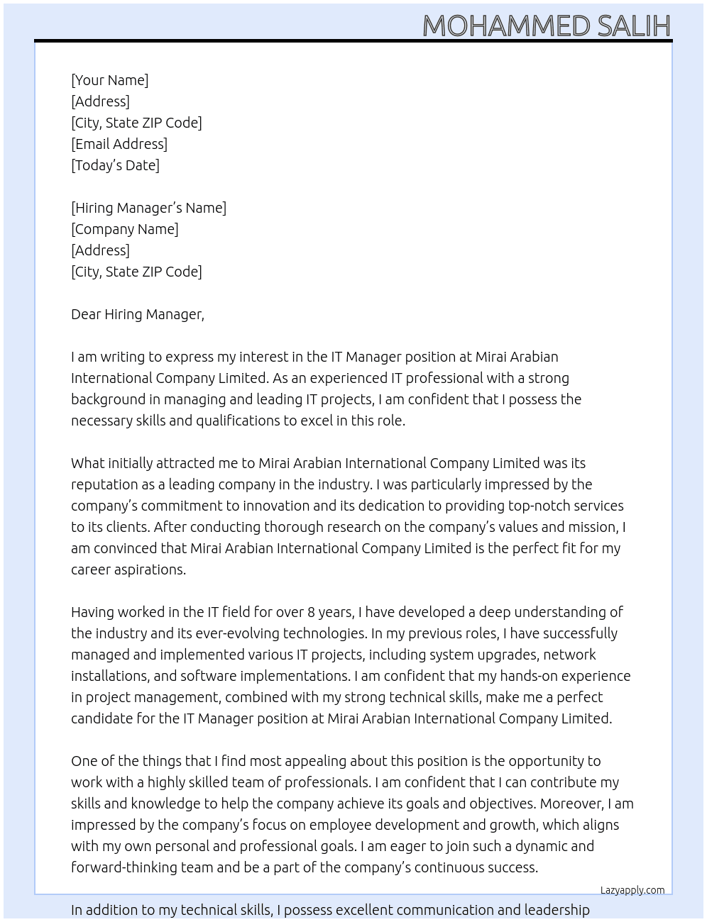 IT Manager At Mirai Arabian International Company Limited Cover Letter