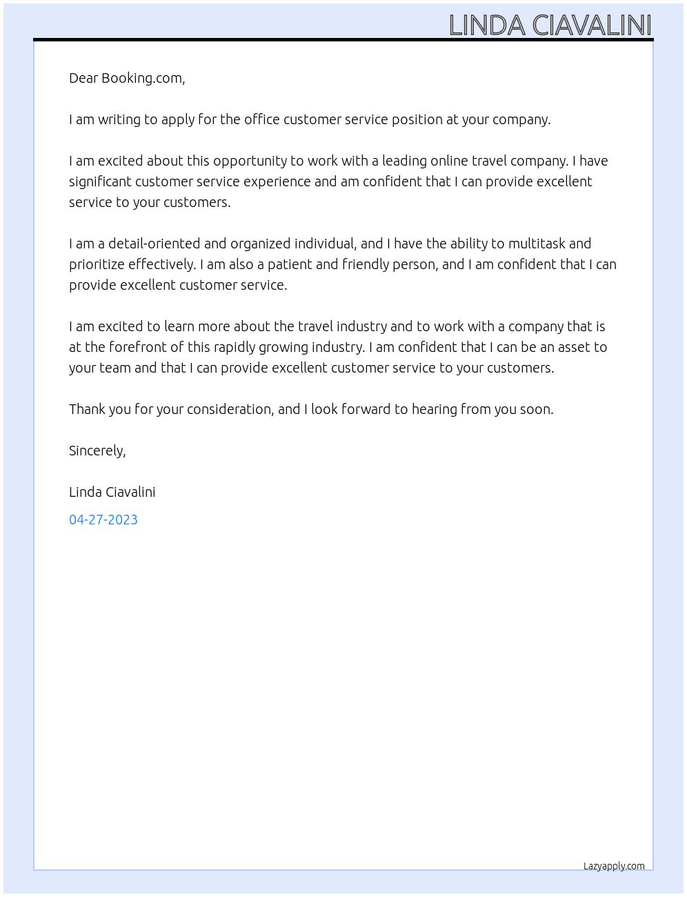 office customer service At Booking.com Cover Letter