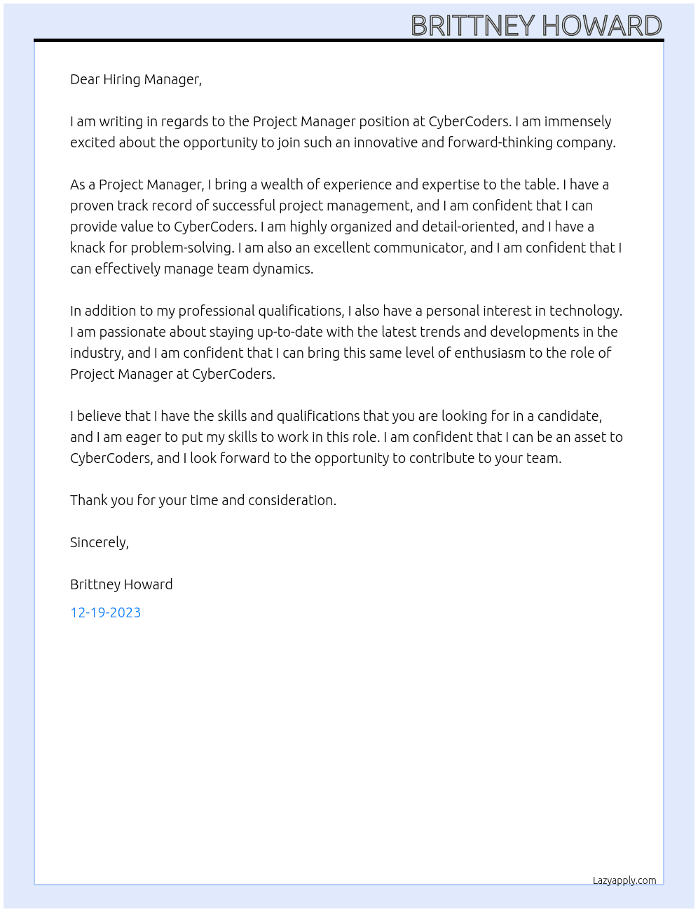 Project Manager At CyberCoders Cover Letter