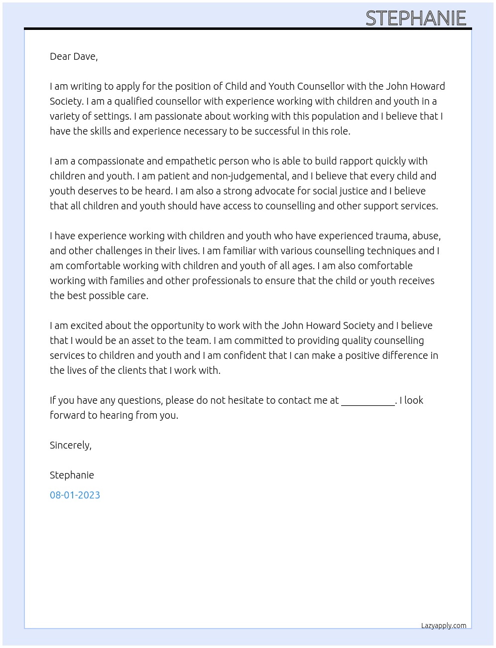 Child and youth counsellor At John Howard Society Cover Letter
