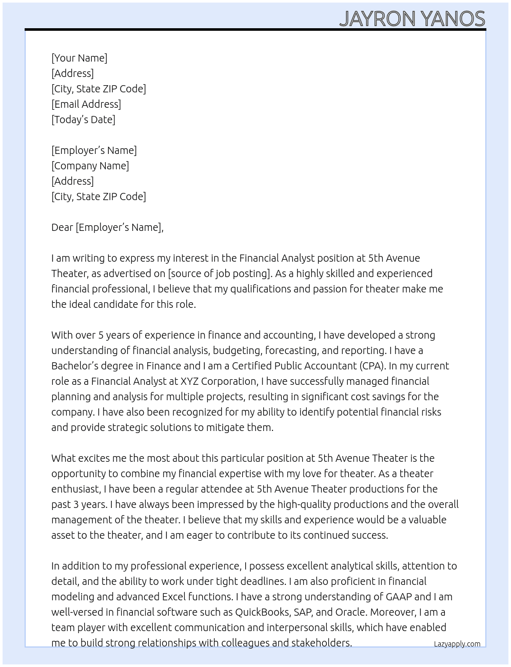 financial analyst At 5th avenue theater Cover Letter