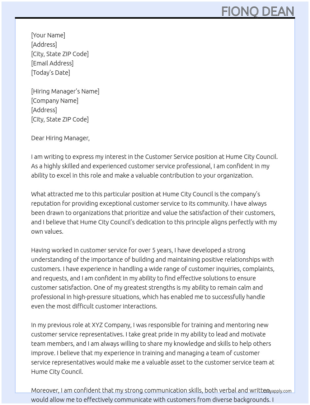 Customer Service At Hume City Council Cover Letter
