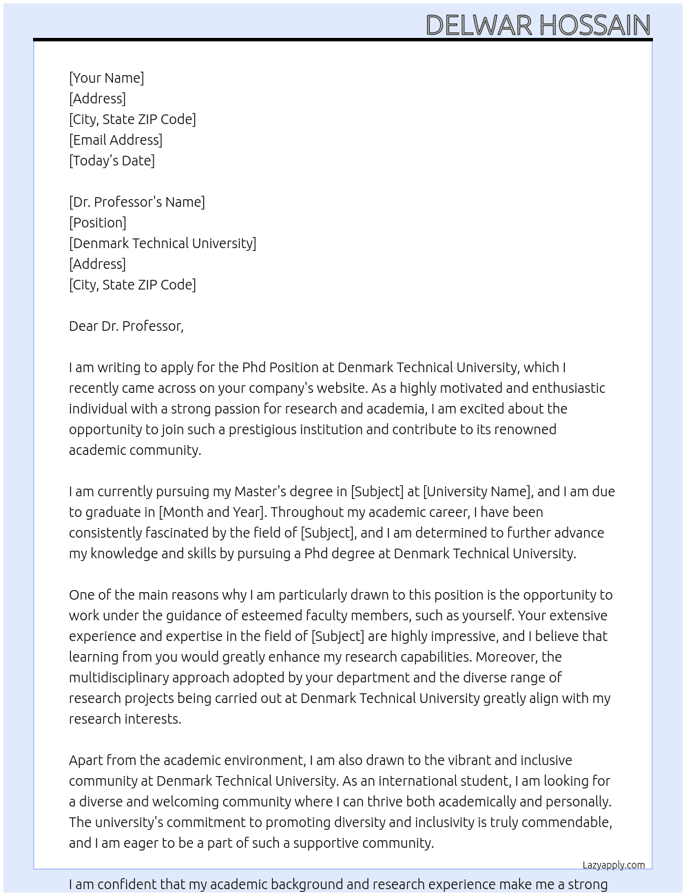 Phd Position  At Denmark Technical University  Cover Letter