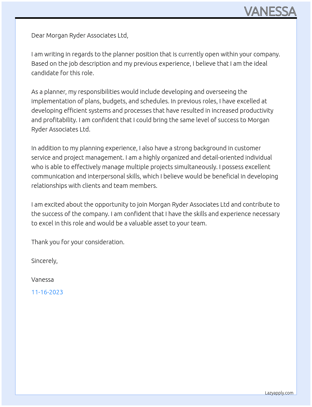 Planner At Morgan Ryder Associates Ltd Cover Letter