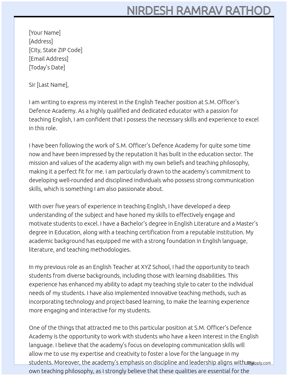 English Teacher  At S.M. Officer's Defence Academy Cover Letter