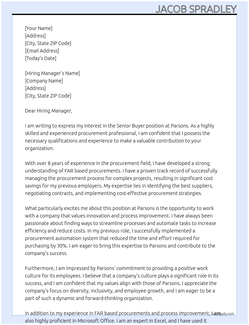 Senior Buyer At Parsons Cover Letter