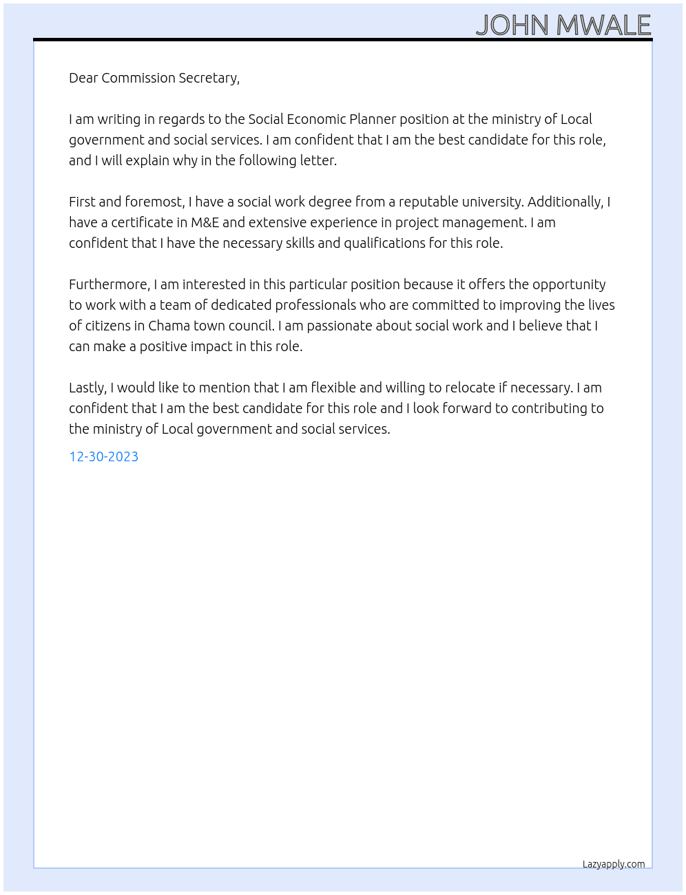 Social Economic Planner At ministry of Local government and social services Cover Letter