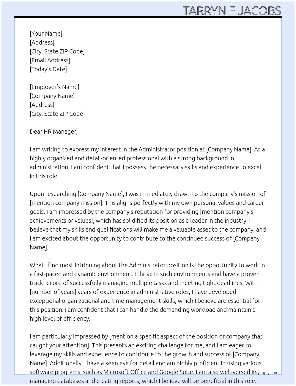 Administrator  At Administrator  Cover Letter