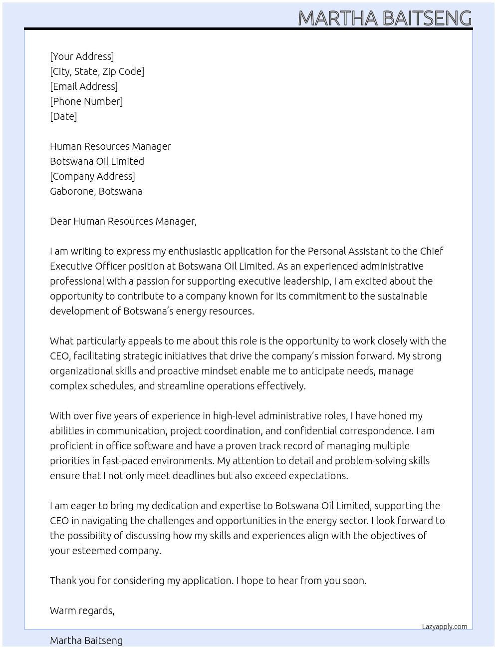 Personal Assistant to the Chief Executive Officer At Botswana Oil Limited  Cover Letter