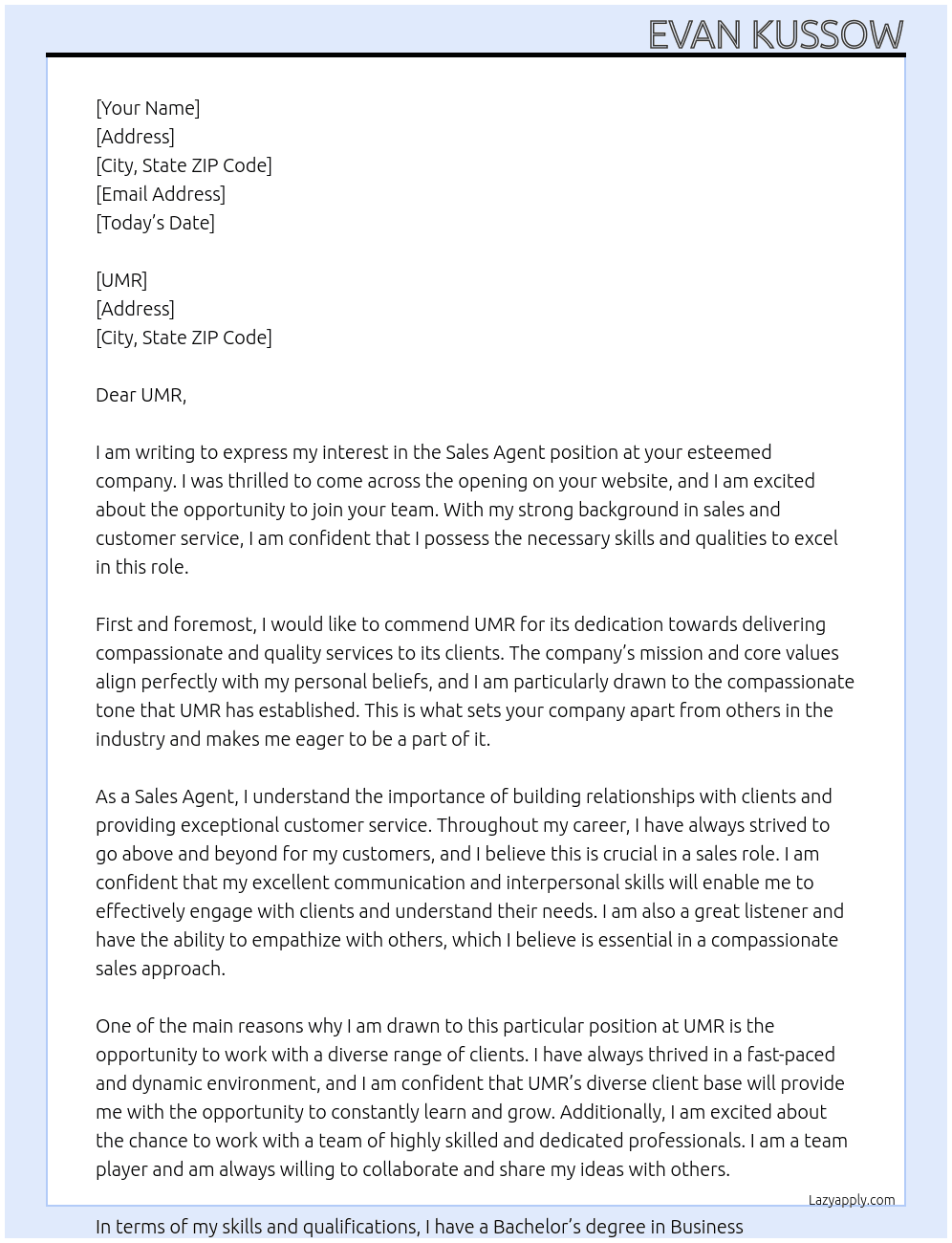 Sales Agent At UMR Cover Letter