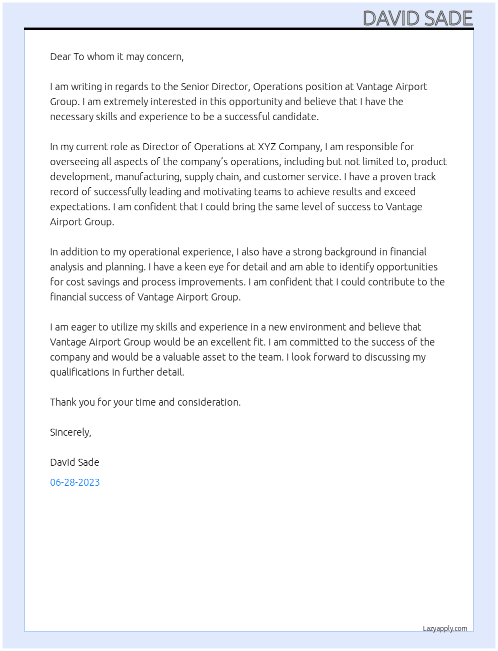 Senior Director, Operations At Vantage Airport Group Cover Letter