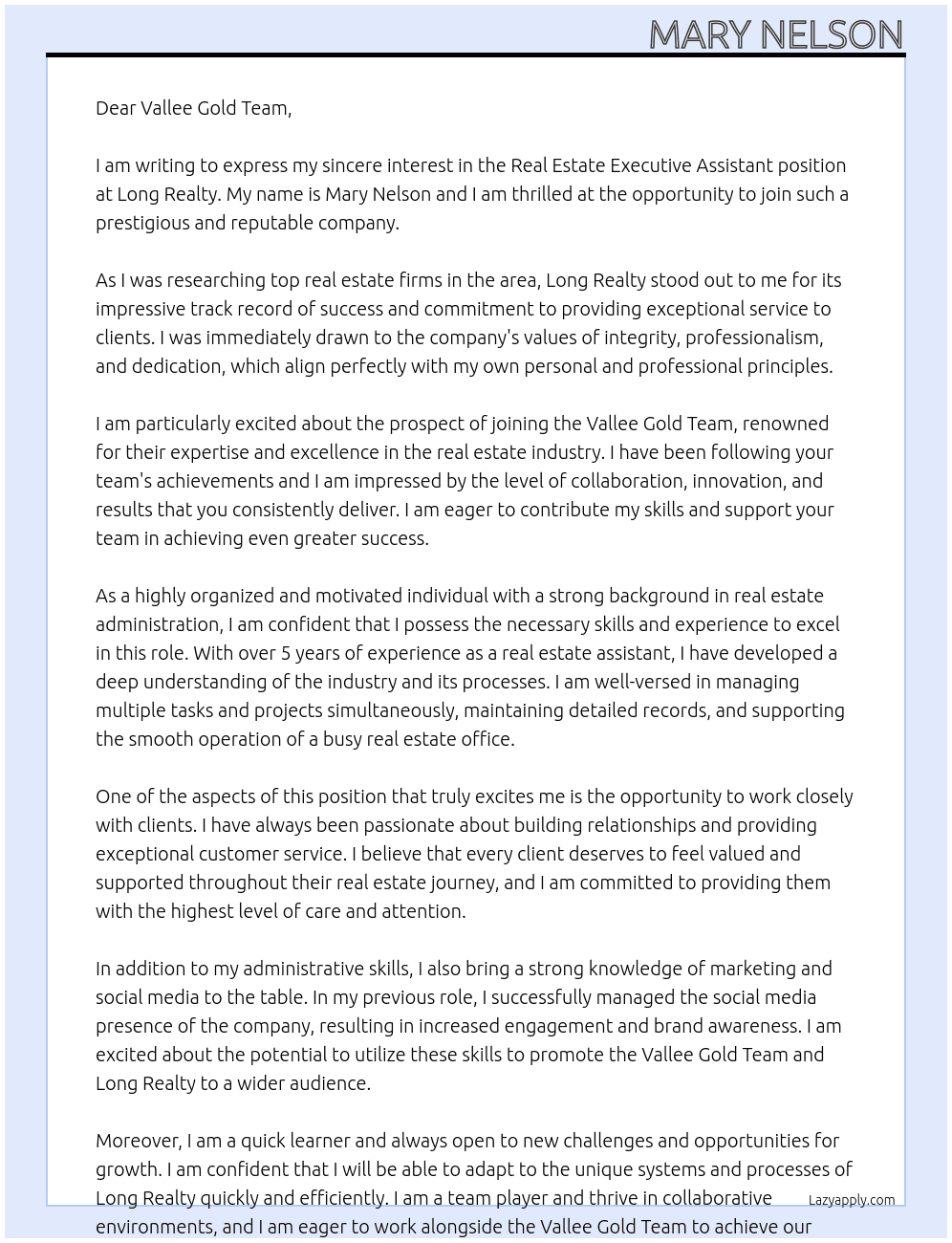 Real Estate Executive Assistant At Long Realty Cover Letter