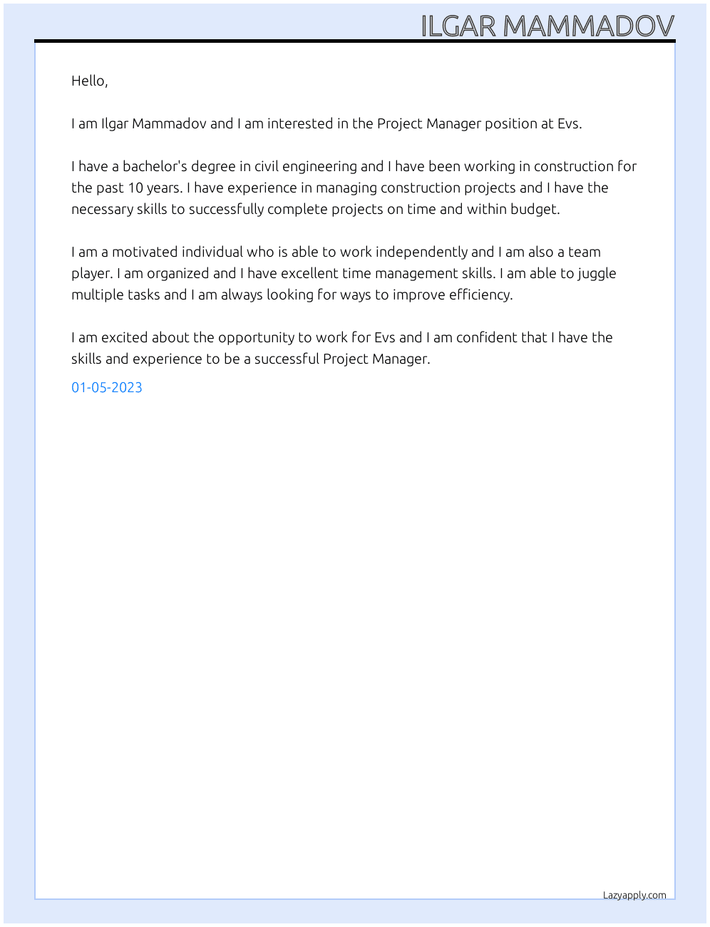 Project Manager At Evs Cover Letter