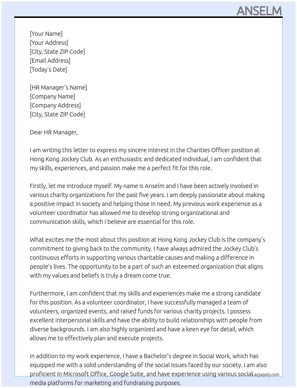 Charities officer At Hong Kong Jocky Club Cover Letter
