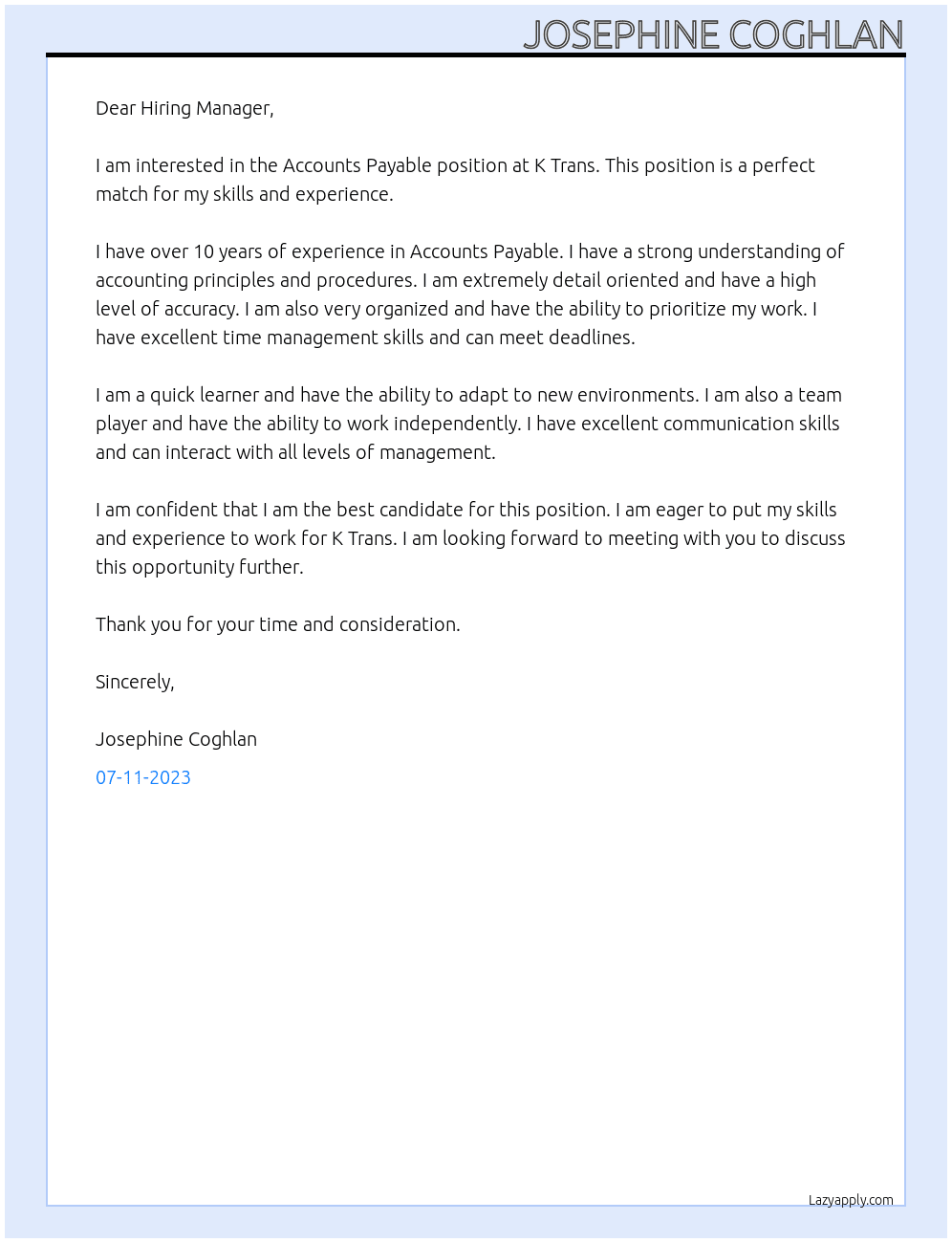 Accounts Payable At K Trans Cover Letter