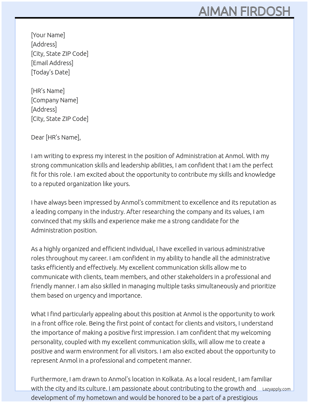 Administration  At Anmol Cover Letter