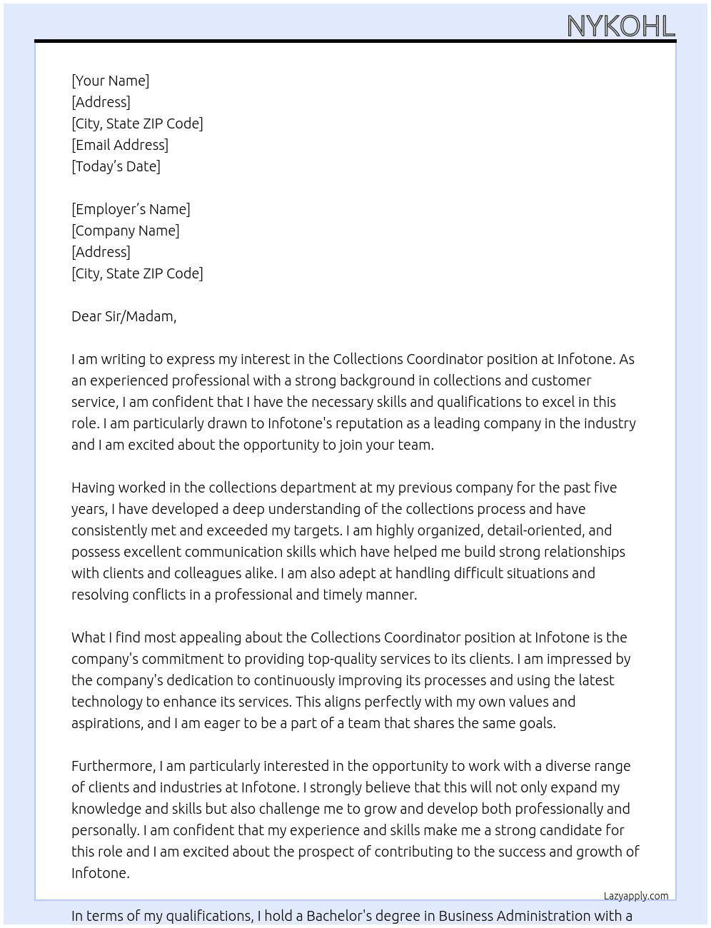 Collections coordinator At Infotone Cover Letter