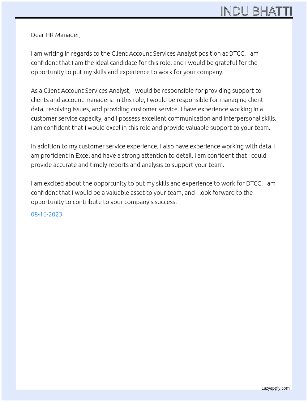 Client Account Services Analyst At DTCC Cover Letter