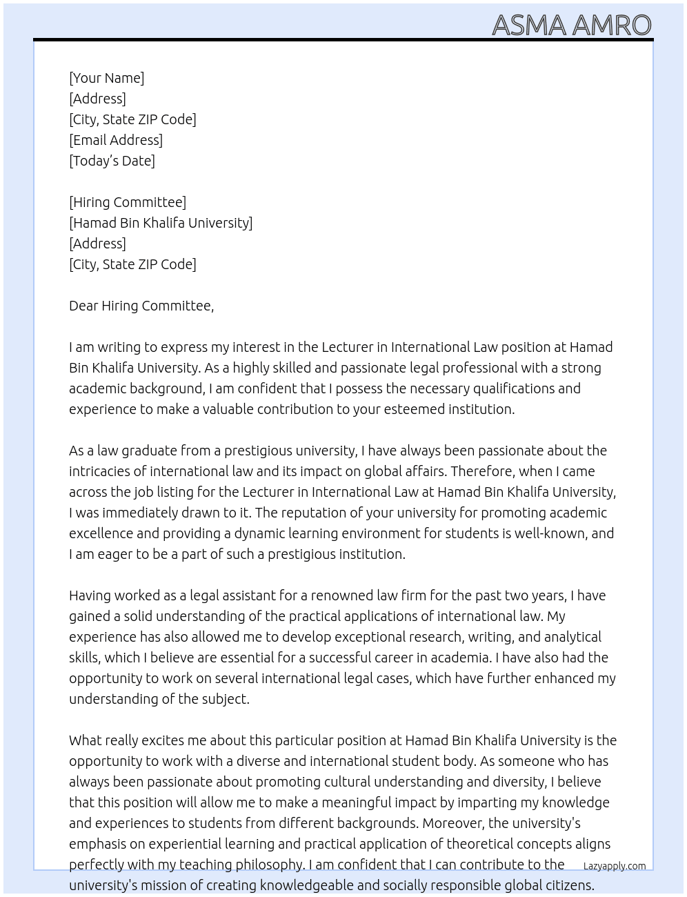 Lecturer in international law At Hamad Bin Khalifa University  Cover Letter