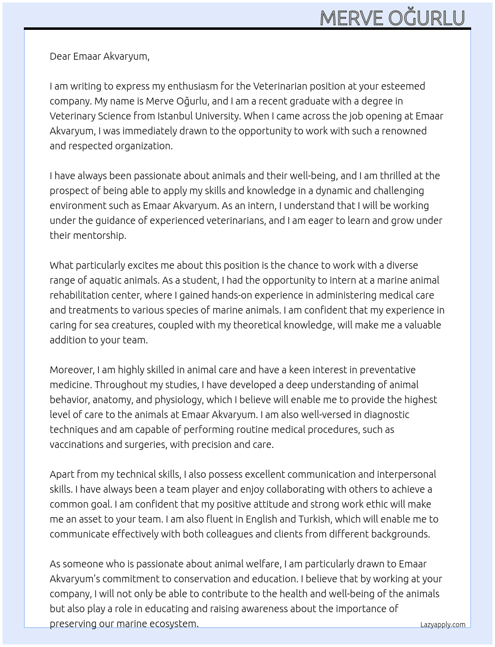 Veterinarian At Emaar Akvaryum Cover Letter