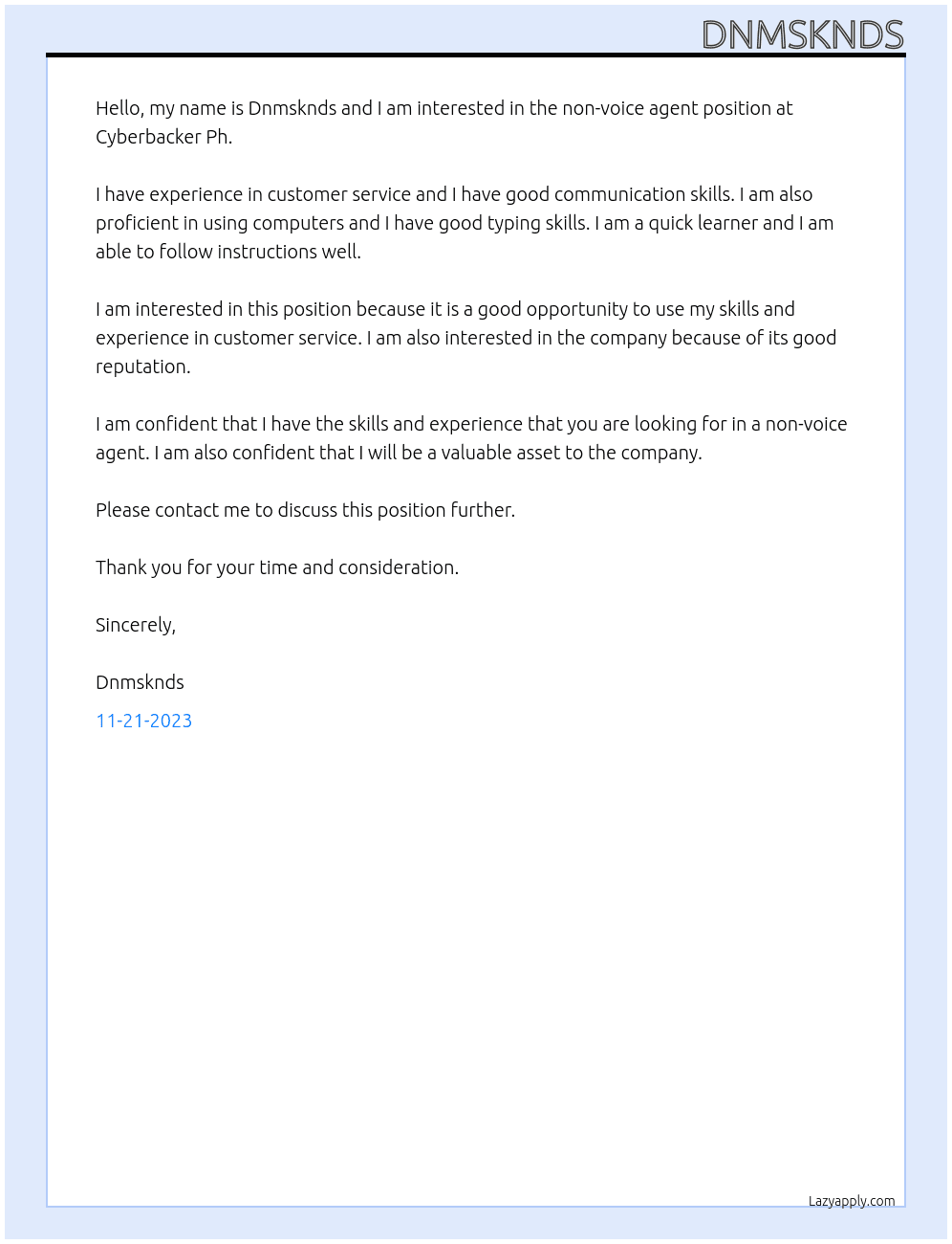 Non-Voice Agent At Cyberbacker Ph Cover Letter