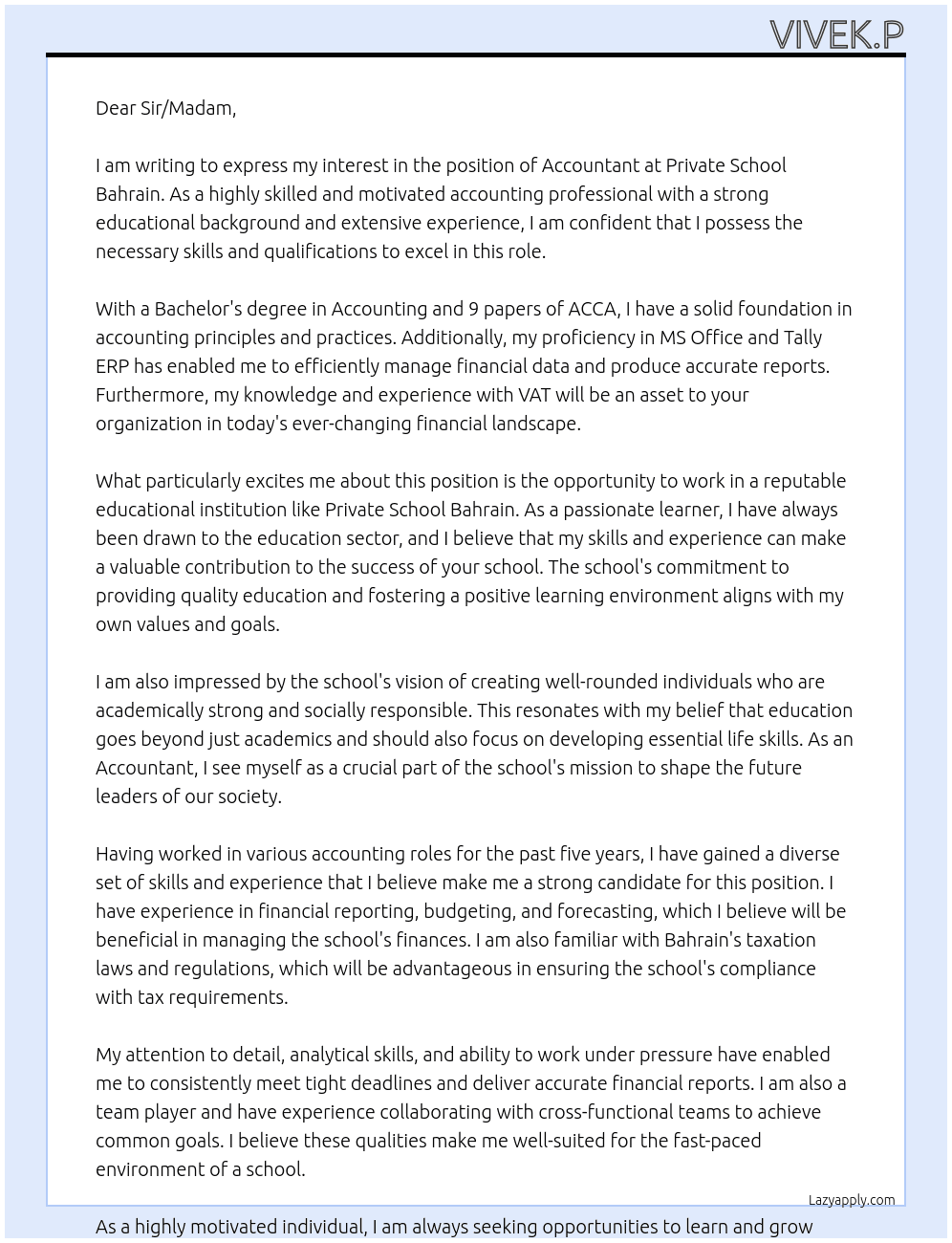 Accountant  At Private school Bahrain Cover Letter