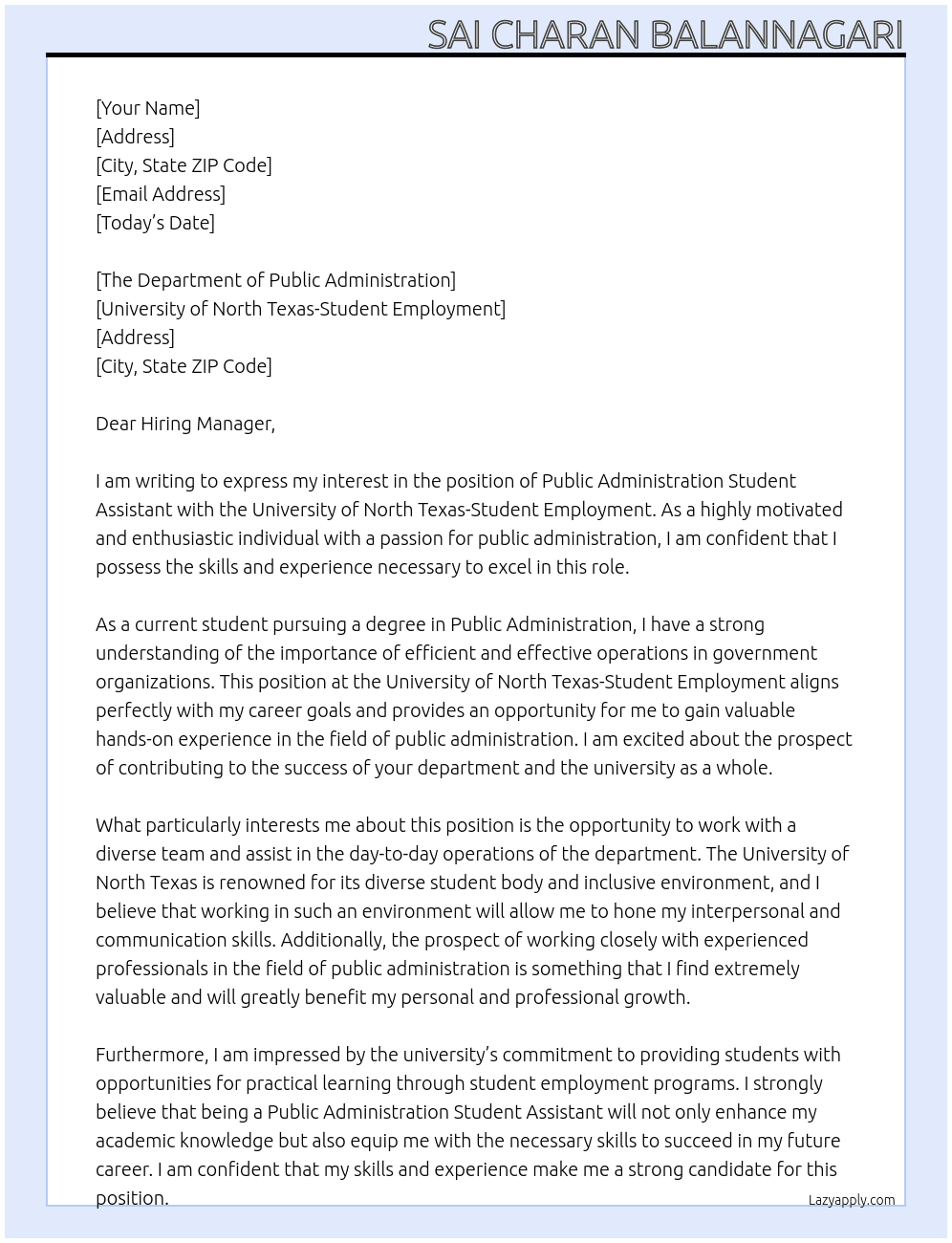 Public administration student assistant At University of North Texas-Student Employment Cover Letter