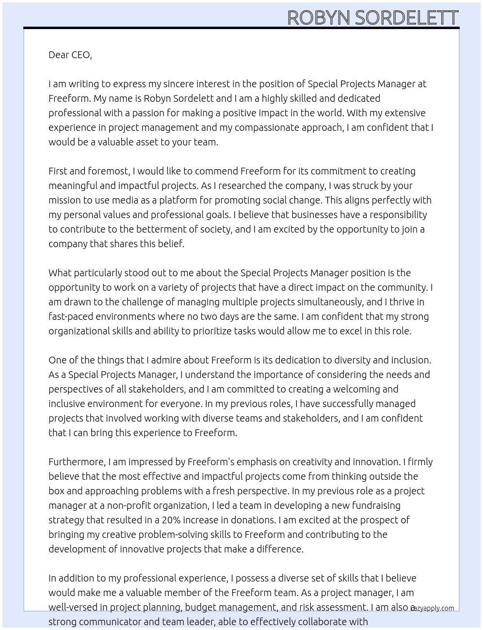 Special Projects Manager At Freeform Cover Letter