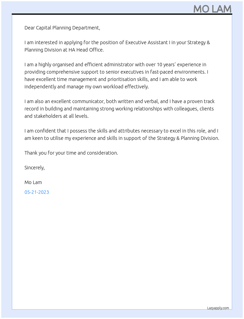 Executive Assistant I At Hospital Authority Cover Letter