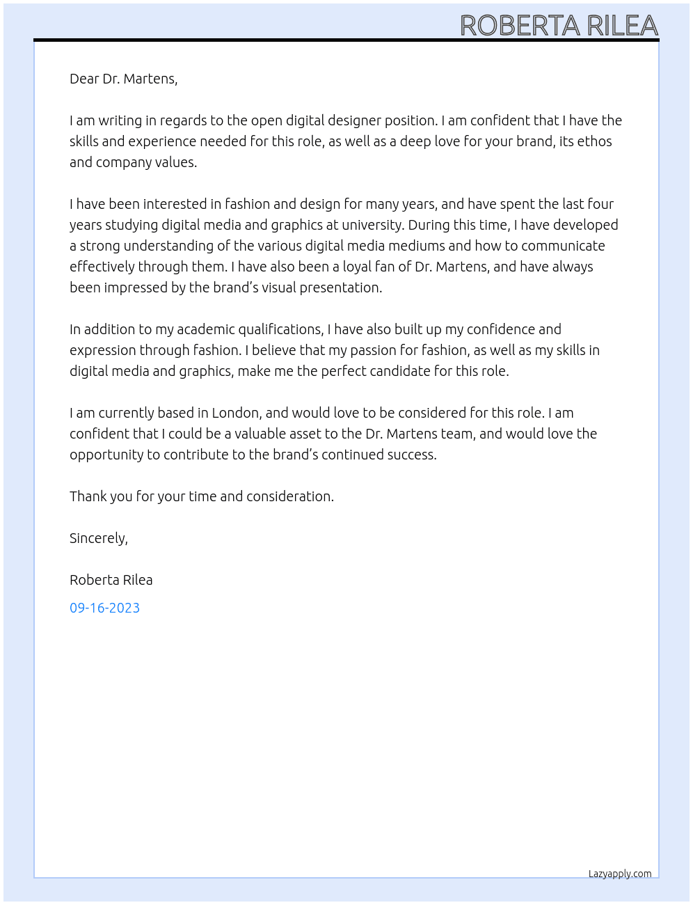 Digital designer At Dr. Martens Cover Letter