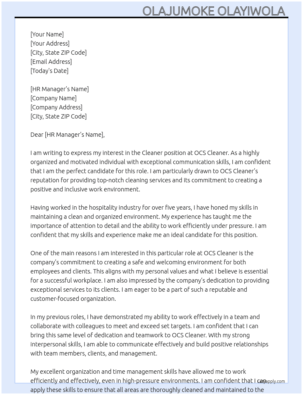Claener At OCS cleaner  Cover Letter