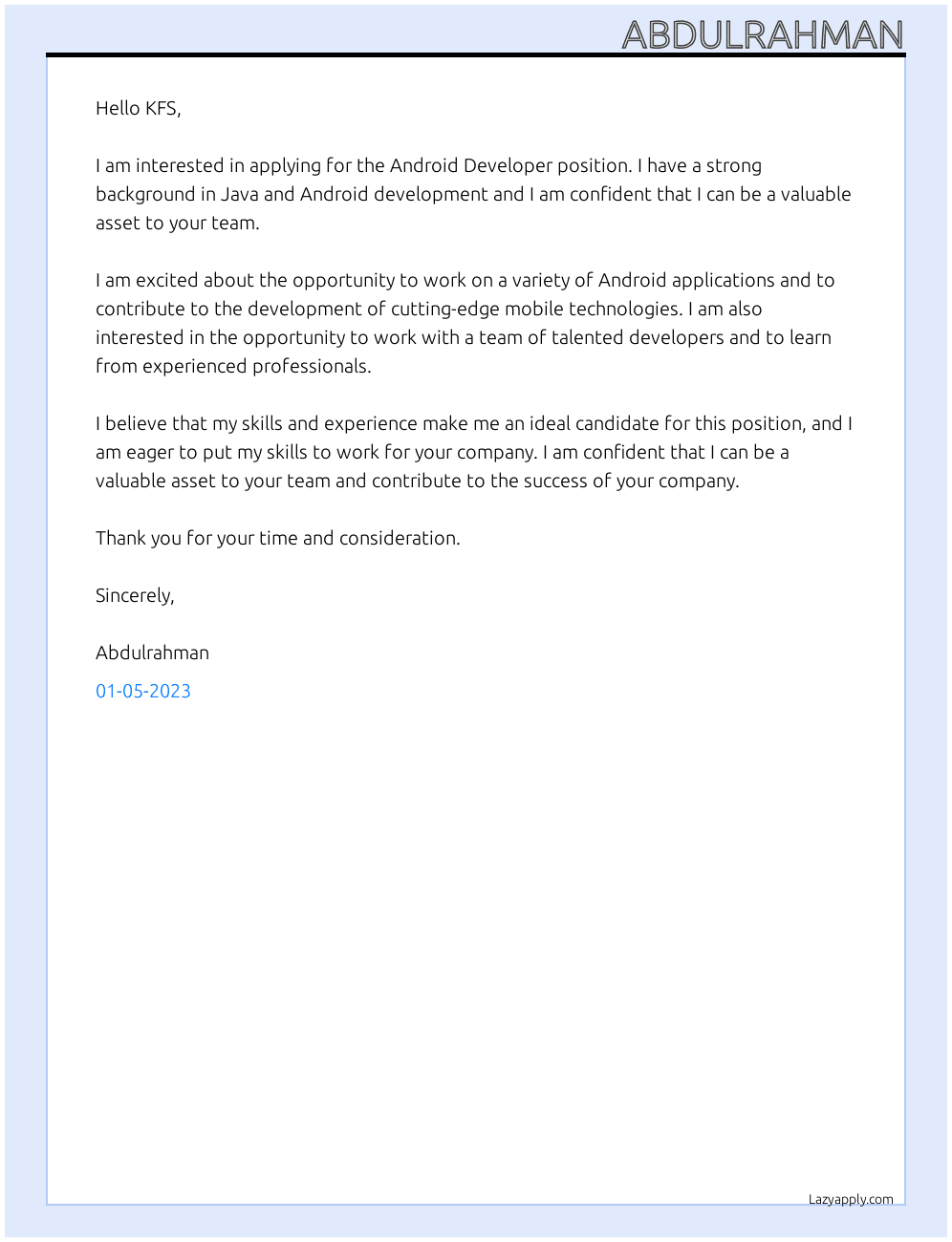 Android Developer At KFS  Cover Letter