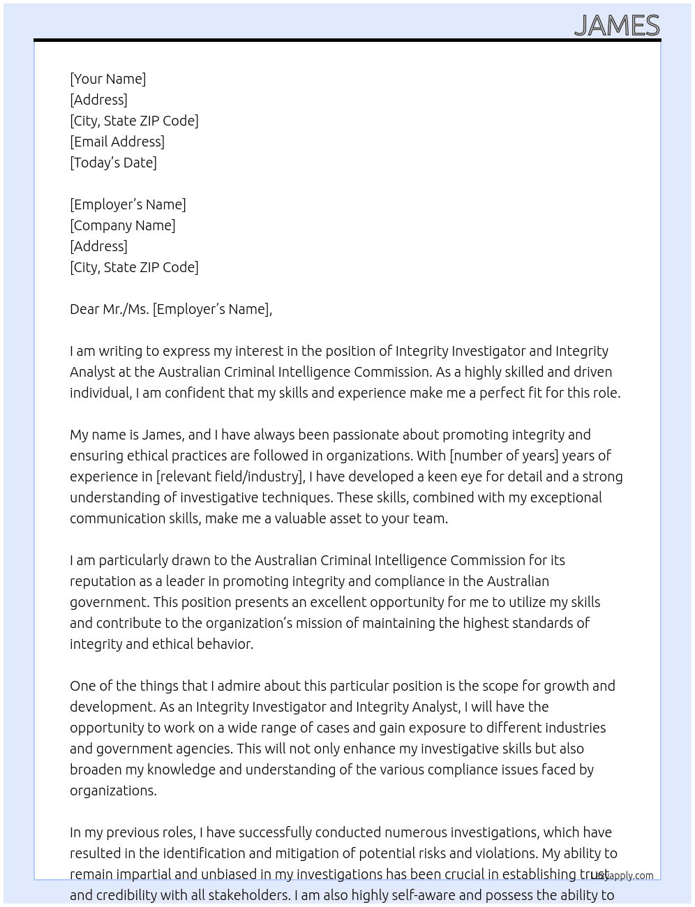 Integrity Investigator and Integrity Analyst At Australian Criminal Intelligence Commission Cover Letter