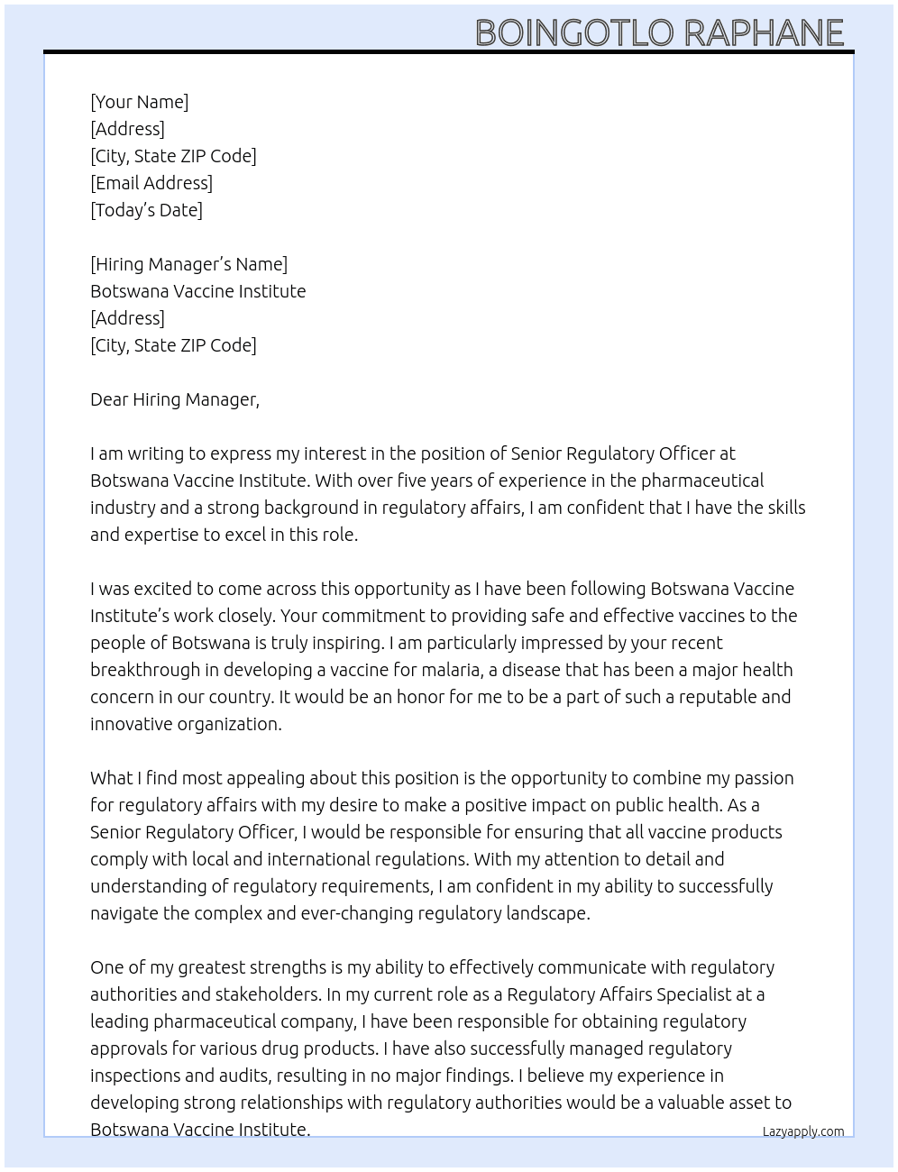 Senior Regulatory Officer  At Botswana Vaccine Institute  Cover Letter